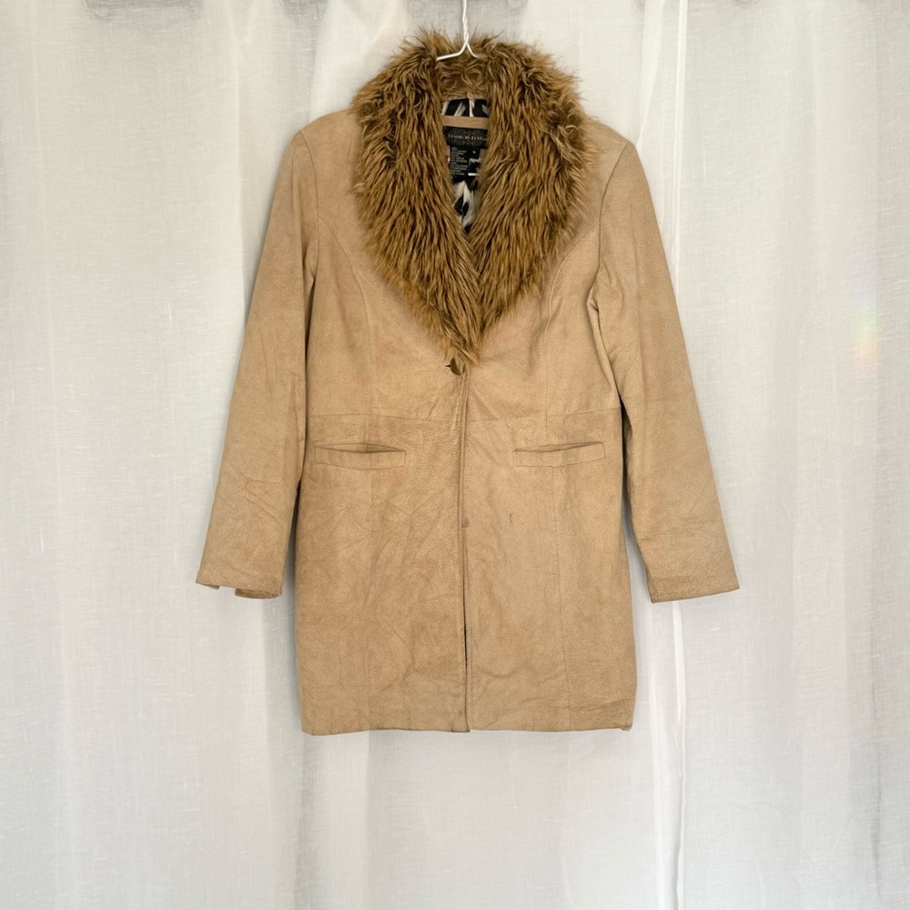 ✦ Vintage Y2K Genuine Leather Penny Lane Coat w/ Faux Fur Collar ✦ - Picture 2 of 6